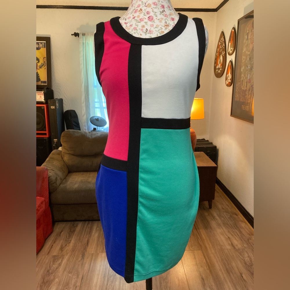 60s retro inspired color block pink blue green white sleeveless mini dress